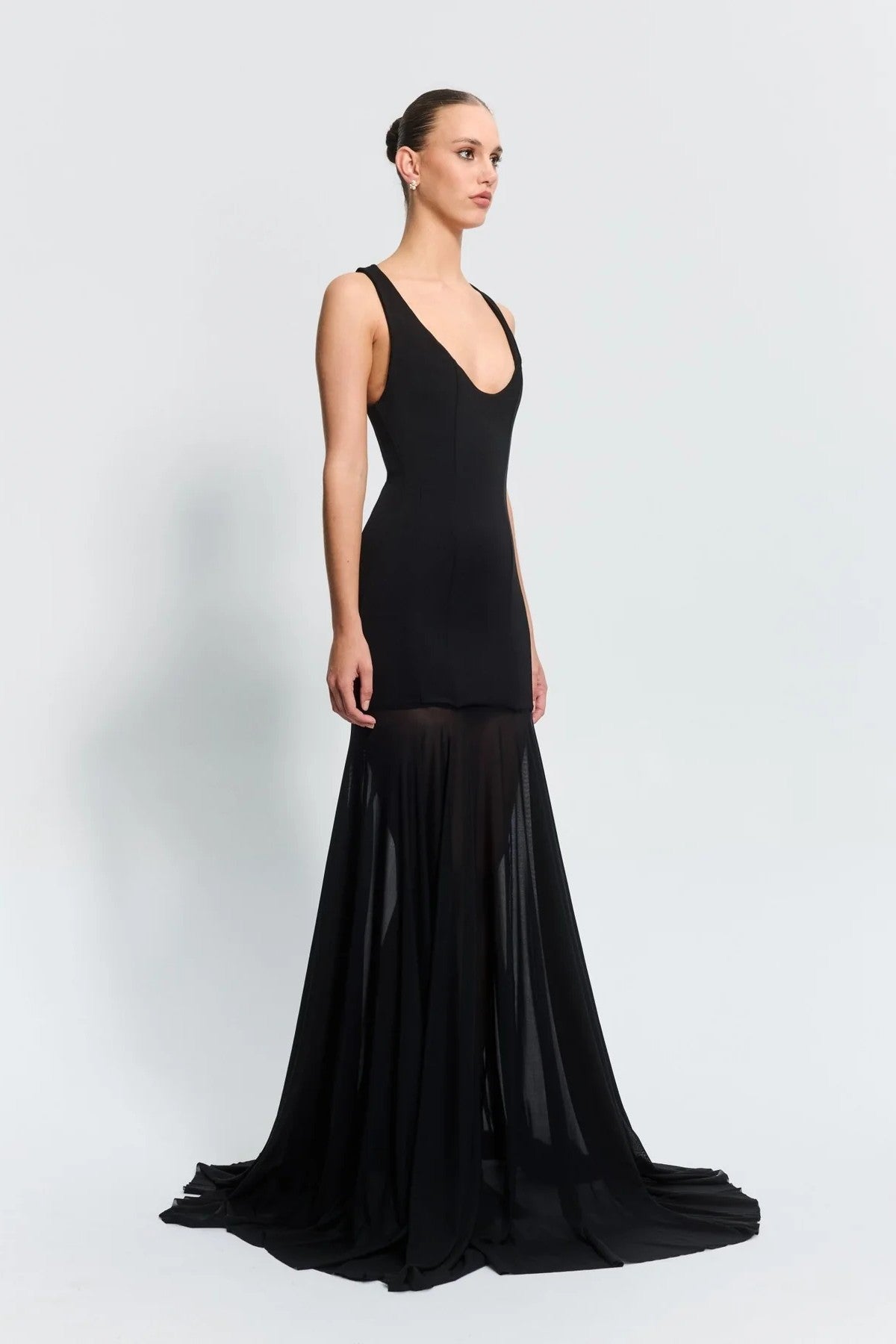 Odessa Gown Black by Effie Kats, a sleek boned crepe bodice with sheer mesh skirt. Perfect for galas or formal evening celebrations.