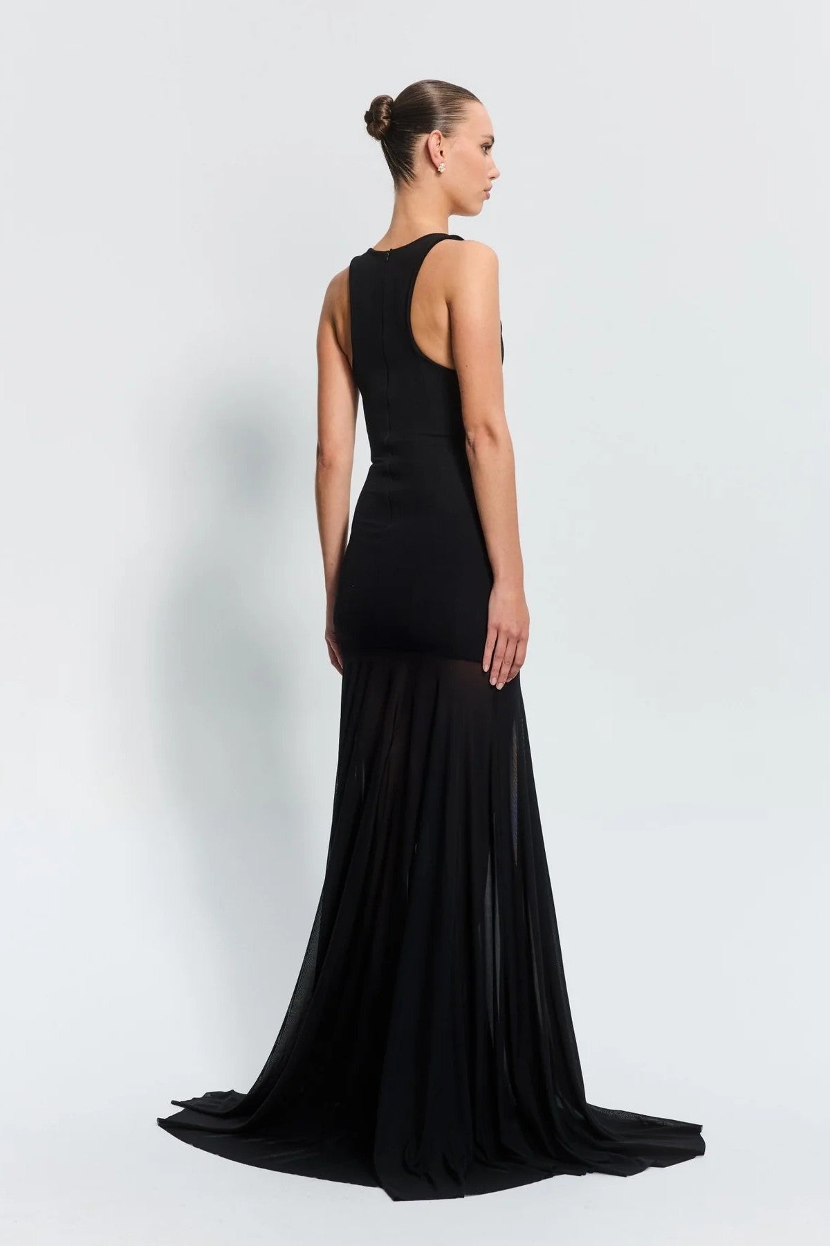 Odessa Gown Black by Effie Kats, a sleek boned crepe bodice with sheer mesh skirt. Perfect for galas or formal evening celebrations.