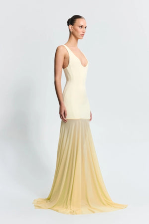 Odessa Gown in Lemon by Effie Kats, a sleek boned crepe bodice with sheer mesh skirt. Perfect for galas or formal evening celebrations.
