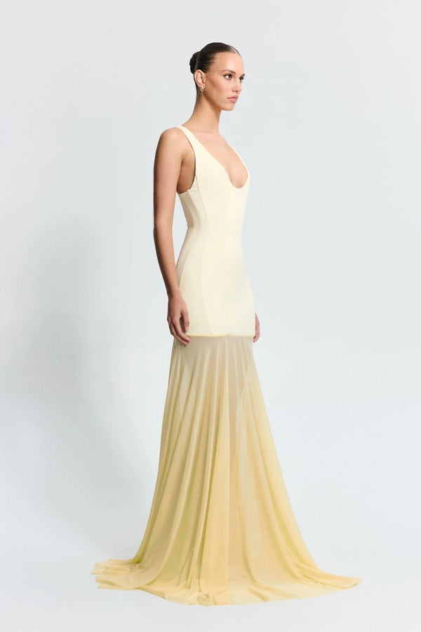 Odessa Gown in Lemon by Effie Kats, a sleek boned crepe bodice with sheer mesh skirt. Perfect for galas or formal evening celebrations.
