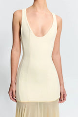 Odessa Gown in Lemon by Effie Kats, a sleek boned crepe bodice with sheer mesh skirt. Perfect for galas or formal evening celebrations.