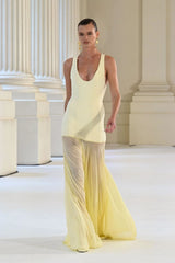 Odessa Gown in Lemon by Effie Kats, a sleek boned crepe bodice with sheer mesh skirt. Perfect for galas or formal evening celebrations.