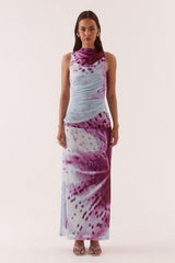 Odette Dress Blue Orchid by Sovere, printed maxi dress with draped detail and fitted silhouette. Perfect for events or standout styling.