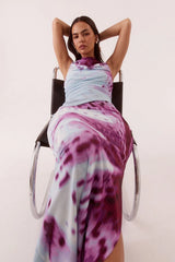 Odette Dress Blue Orchid by Sovere, printed maxi dress with draped detail and fitted silhouette. Perfect for events or standout styling.