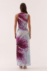 Odette Dress Blue Orchid by Sovere, printed maxi dress with draped detail and fitted silhouette. Perfect for events or standout styling.
