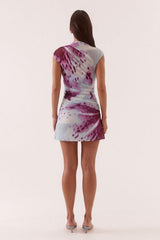 Odette Mini Dress Blue Orchid by Sovere, printed mini dress with draped detail and fitted shape. Perfect for nights out or statement looks.