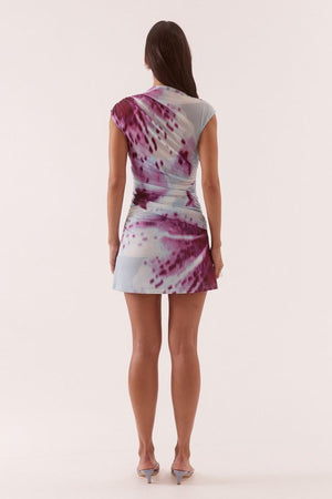 Odette Mini Dress Blue Orchid by Sovere, printed mini dress with draped detail and fitted shape. Perfect for nights out or statement looks.