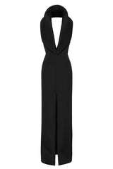 Odora Dress Black by Tojhà – a halter maxi with plunge neckline and front split. Perfect for elegant evening styling.