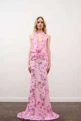 Olena Dress in Pink Floral Beaded by DŽO, a full-length embellished mesh gown with cowl neckline, ruched waist, and subtle train.