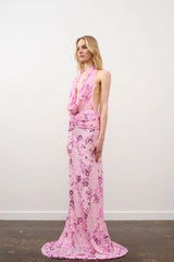 Olena Dress in Pink Floral Beaded by DŽO, a full-length embellished mesh gown with cowl neckline, ruched waist, and subtle train.