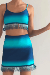 Ombre Beaded Mini Skirt High Tide by PatBo, beaded mini skirt with ombre detail. Perfect for events or statement looks.