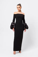 On My Mind Maxi Dress Black by Effie Kats – an off-shoulder maxi with bell sleeves and fitted shape. Perfect for elegant styling.