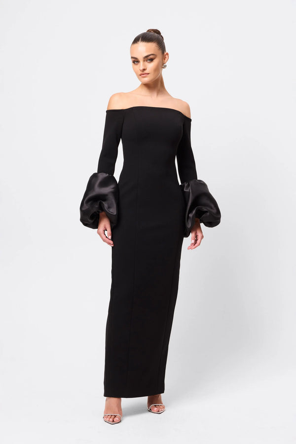 On My Mind Maxi Dress Black by Effie Kats – an off-shoulder maxi with bell sleeves and fitted shape. Perfect for elegant styling.