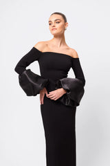 On My Mind Maxi Dress Black by Effie Kats – an off-shoulder maxi with bell sleeves and fitted shape. Perfect for elegant styling.