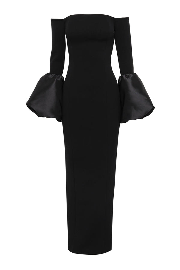 On My Mind Maxi Dress Black by Effie Kats – an off-shoulder maxi with bell sleeves and fitted shape. Perfect for elegant styling.