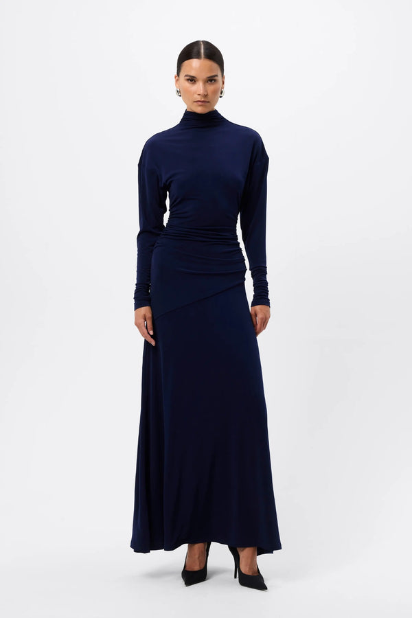 On & On Maxi Dress Sapphire by Mossman - blue maxi dress with batwing sleeves and gathered waist, designed for an elegant modern look.