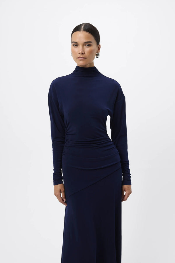 On & On Maxi Dress Sapphire by Mossman - blue maxi dress with batwing sleeves and gathered waist, designed for an elegant modern look.