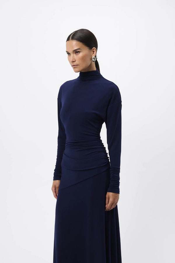 On & On Maxi Dress Sapphire by Mossman - blue maxi dress with batwing sleeves and gathered waist, designed for an elegant modern look.