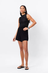 Once Again Knit Short by Mossman, black lightweight knit shorts with elastic waistband, ribbed hem and relaxed summer fit.