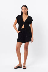Once Again Knit Vest by Mossman, black lightweight knit vest with V-neckline, button front and relaxed summer silhouette.