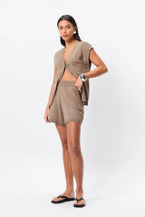 Once Again Knit Vest in Olive by Mossman, black lightweight knit vest with V-neckline, button front and relaxed summer silhouette.