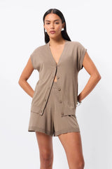 Once Again Knit Vest in Olive by Mossman, black lightweight knit vest with V-neckline, button front and relaxed summer silhouette.