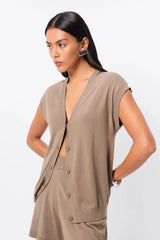 Once Again Knit Vest in Olive by Mossman, black lightweight knit vest with V-neckline, button front and relaxed summer silhouette.