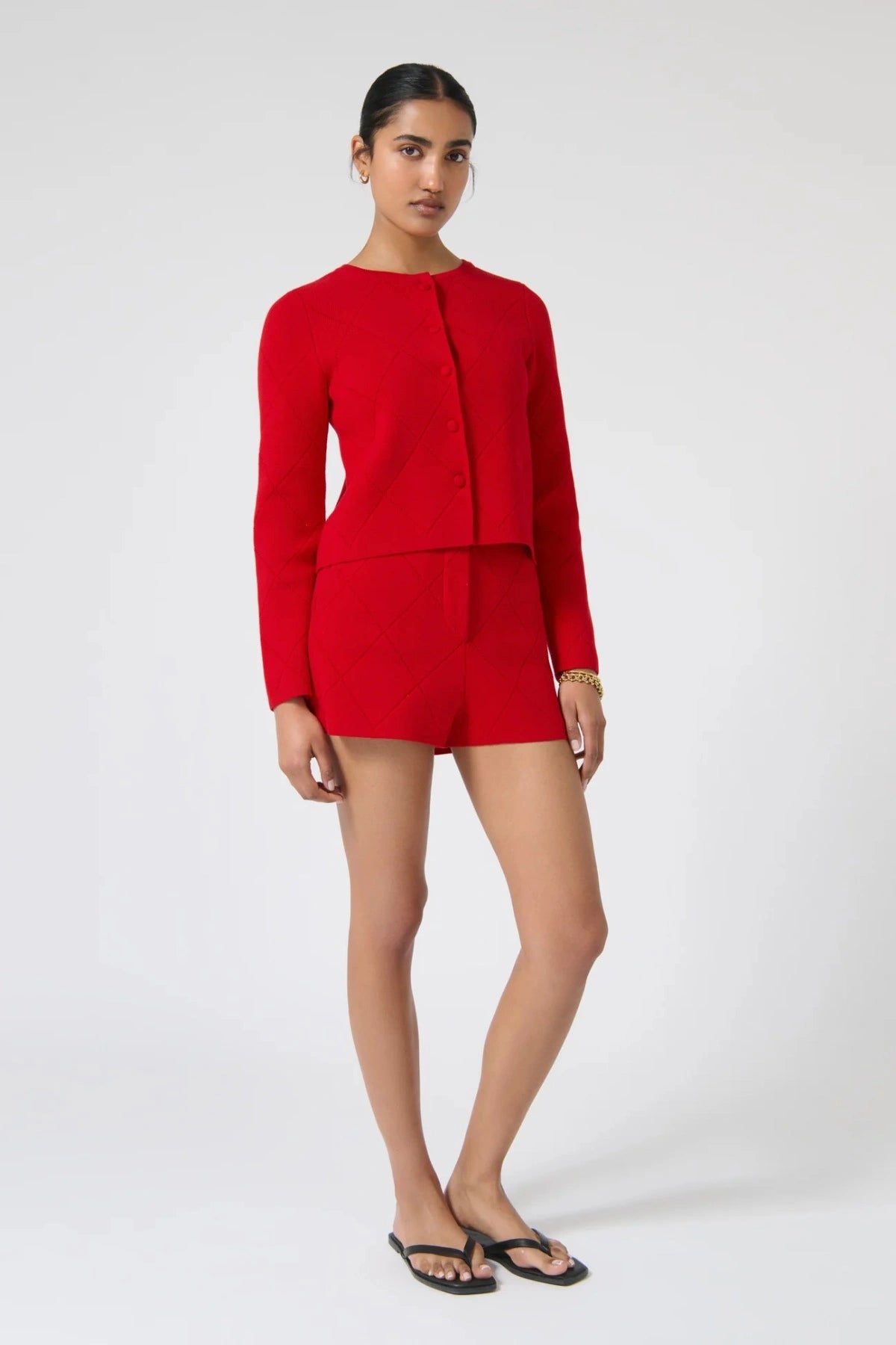 Onte Aldara Cardigan in red cotton with diamond pointelle knit, boxy fit, long sleeves, and self-covered buttons.