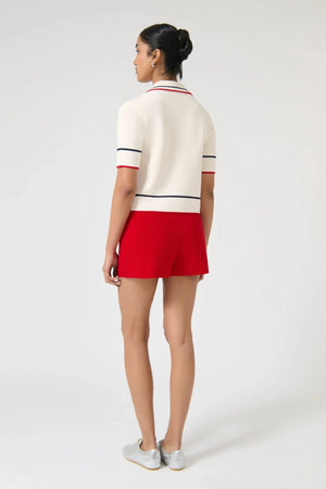 Onte Aldara Shorts in red cotton with diamond pointelle knit, mini length, and slight A-line fit.
