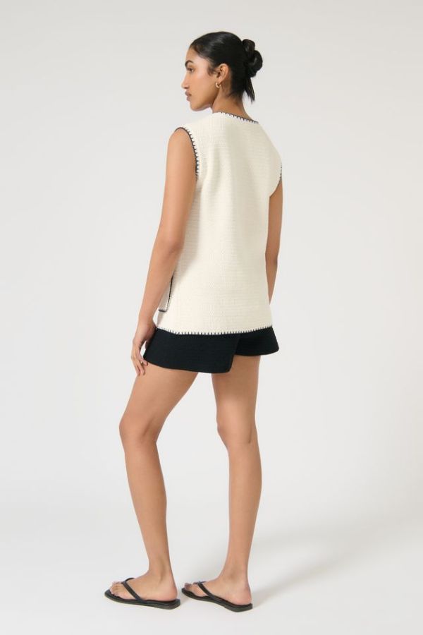 Onte Helena Gilet in Trim, crochet-style sleeveless knit with enamel gold buttons and patch pockets, a relaxed layer for polished styling.