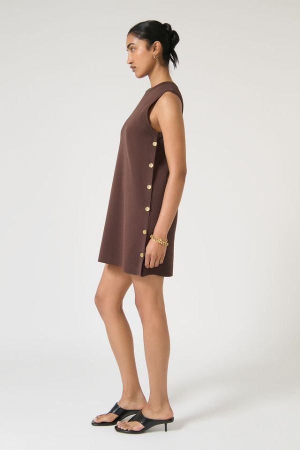 Onte Selena Tunic in Chocolate, sleeveless mini shift dress in heavyweight crepe knit with side button closures for versatile styling.