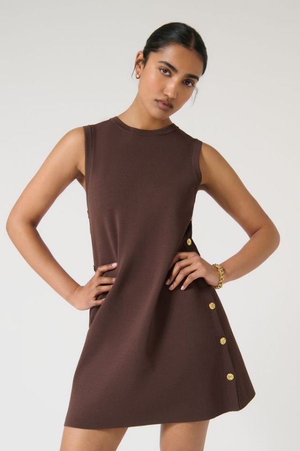 Onte Selena Tunic in Chocolate, sleeveless mini shift dress in heavyweight crepe knit with side button closures for versatile styling.