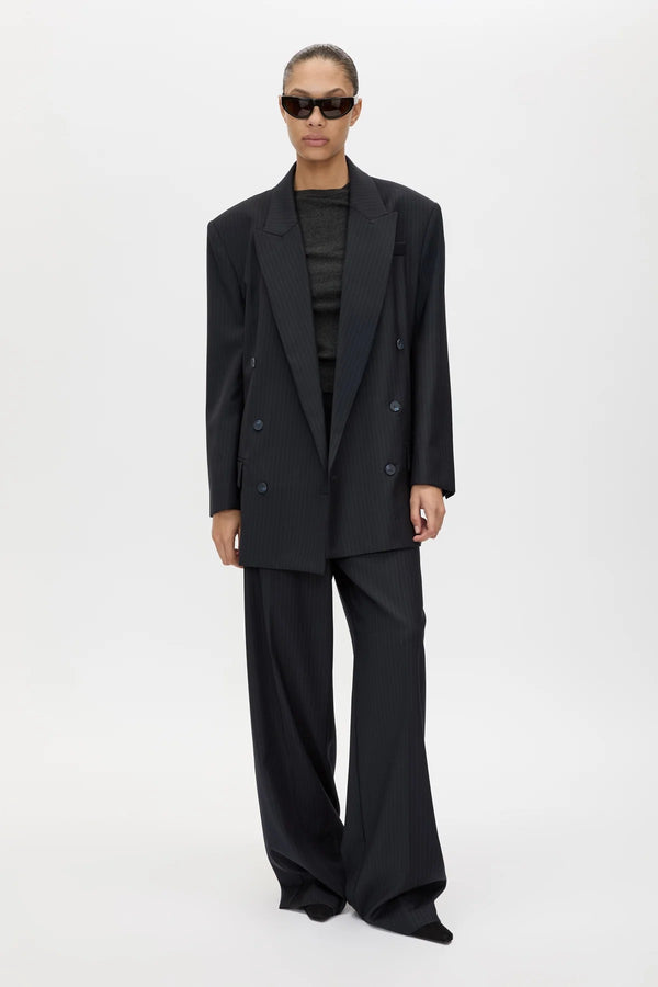 Orban Double Breasted Blazer Navy Pinstripe by Camilla and Marc - oversized blazer with pinstripe design and peaked lapel, designed for a tailored modern look.
