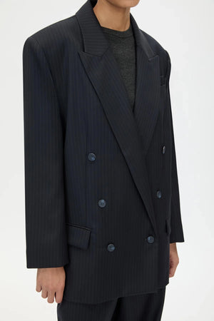 Orban Double Breasted Blazer Navy Pinstripe by Camilla and Marc - oversized blazer with pinstripe design and peaked lapel, designed for a tailored modern look.