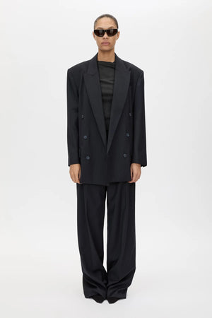 Orban Double Breasted Blazer Navy Pinstripe by Camilla and Marc - oversized blazer with pinstripe design and peaked lapel, designed for a tailored modern look.