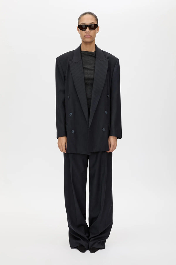 Orban Double Breasted Blazer Navy Pinstripe by Camilla and Marc - oversized blazer with pinstripe design and peaked lapel, designed for a tailored modern look.