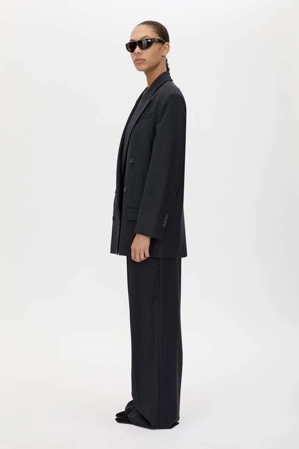 Orban Double Breasted Blazer Navy Pinstripe by Camilla and Marc - oversized blazer with pinstripe design and peaked lapel, designed for a tailored modern look.