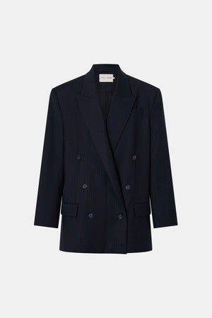 Orban Double Breasted Blazer Navy Pinstripe by Camilla and Marc - oversized blazer with pinstripe design and peaked lapel, designed for a tailored modern look.