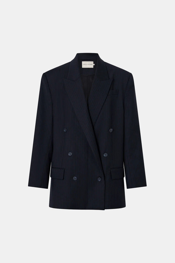 Orban Double Breasted Blazer Navy Pinstripe by Camilla and Marc - oversized blazer with pinstripe design and peaked lapel, designed for a tailored modern look.