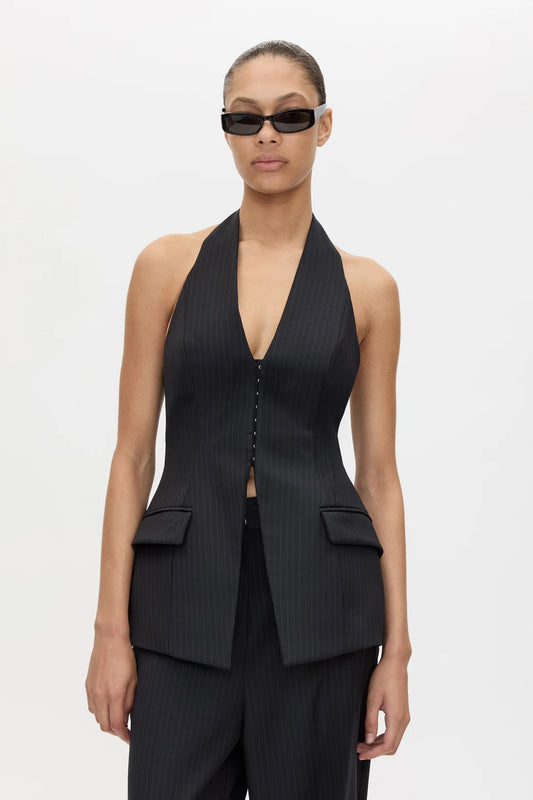 Orban Tailored Halter Top Navy Pinstripe by Camilla and Marc - halter top with deep V neckline and open back, designed for a structured modern fit.