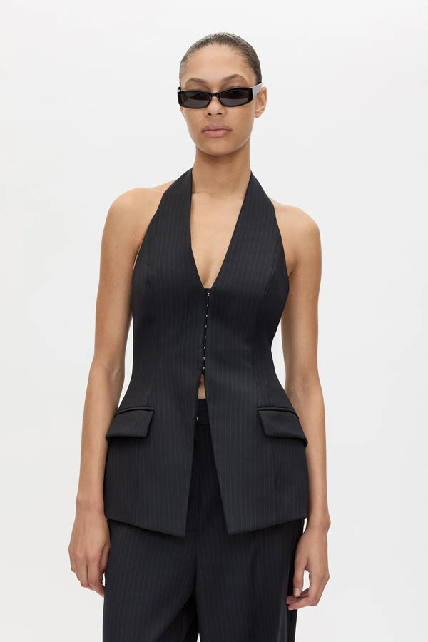 Orban Tailored Halter Top Navy Pinstripe by Camilla and Marc - halter top with deep V neckline and open back, designed for a structured modern fit.