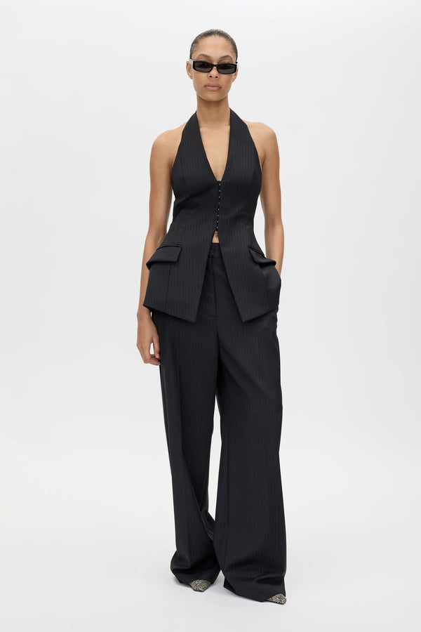 Orban Tailored Halter Top Navy Pinstripe by Camilla and Marc - halter top with deep V neckline and open back, designed for a structured modern fit.