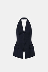 Orban Tailored Halter Top Navy Pinstripe by Camilla and Marc - halter top with deep V neckline and open back, designed for a structured modern fit.