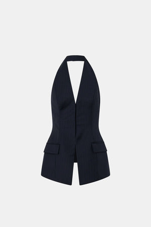 Orban Tailored Halter Top Navy Pinstripe by Camilla and Marc - halter top with deep V neckline and open back, designed for a structured modern fit.