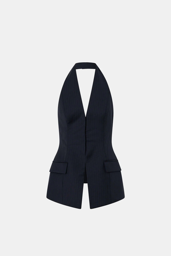 Orban Tailored Halter Top Navy Pinstripe by Camilla and Marc - halter top with deep V neckline and open back, designed for a structured modern fit.