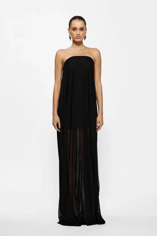 Orianna Maxi Black by Effie Kats, crepe maxi dress with curved neckline and ruching, perfect for formal events or chic evenings out.