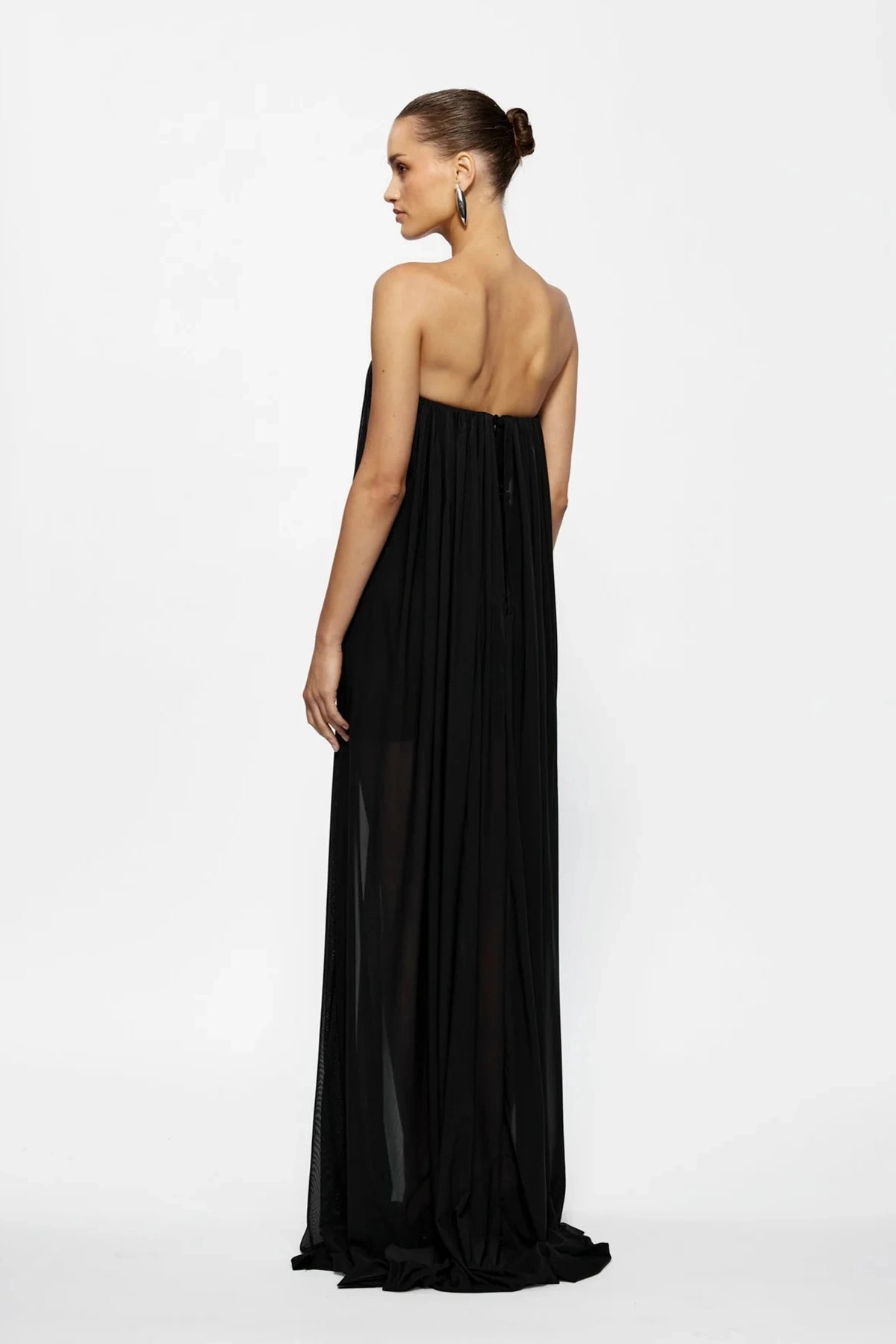 Orianna Maxi Black by Effie Kats, crepe maxi dress with curved neckline and ruching, perfect for formal events or chic evenings out.
