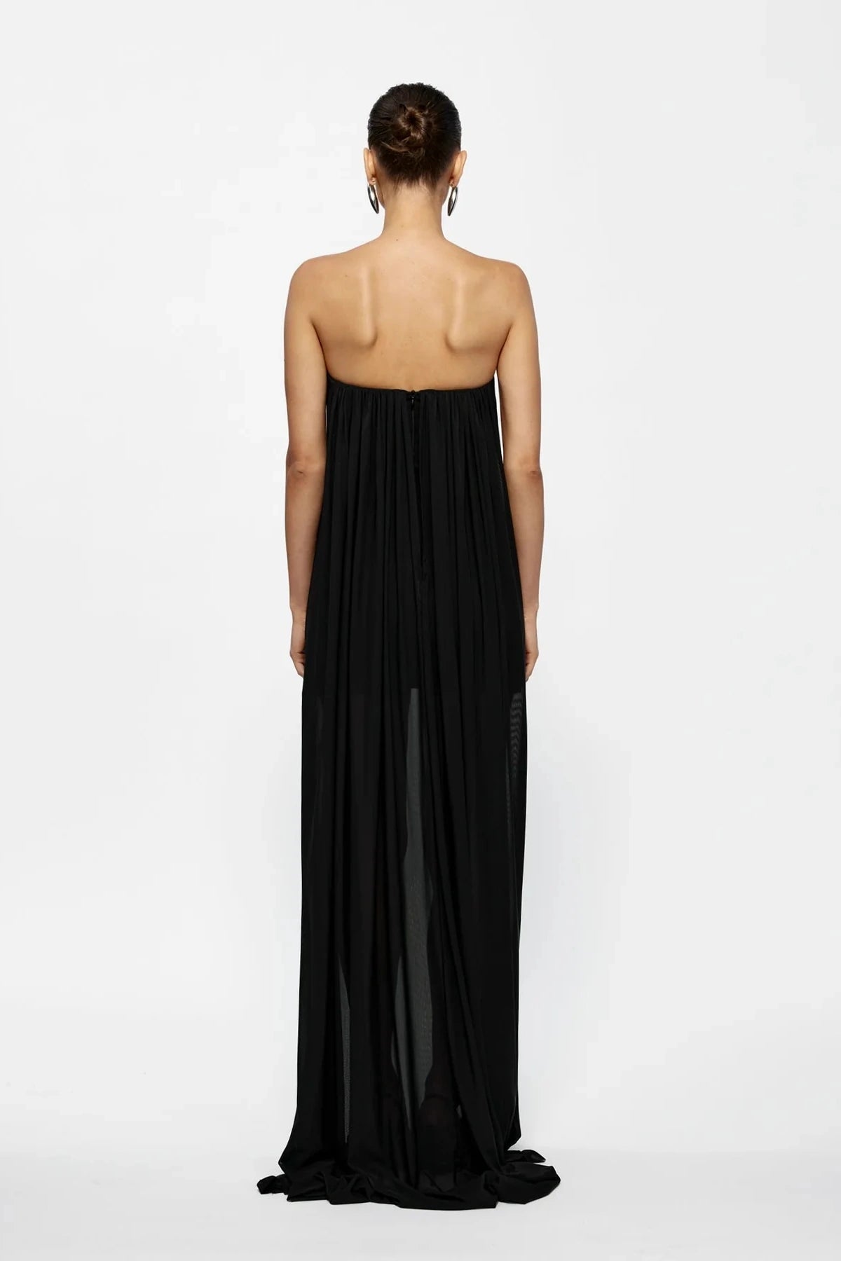 Orianna Maxi Black by Effie Kats, crepe maxi dress with curved neckline and ruching, perfect for formal events or chic evenings out.