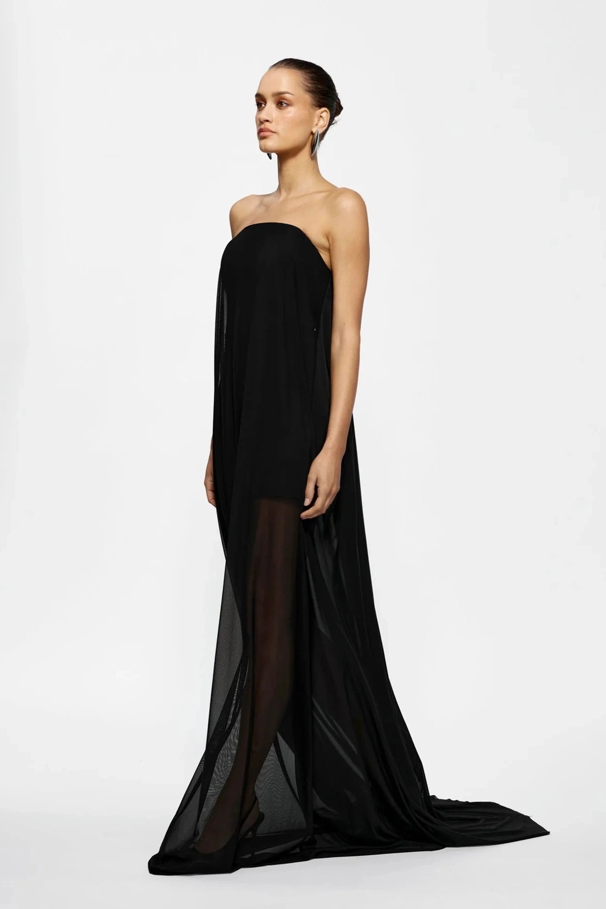 Orianna Maxi Black by Effie Kats, crepe maxi dress with curved neckline and ruching, perfect for formal events or chic evenings out.