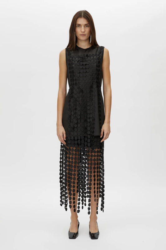 Orlo Skirt by Camilla and Marc – a black lace midi skirt with an asymmetric hemline and soft lining, perfect for elegant evening styling.